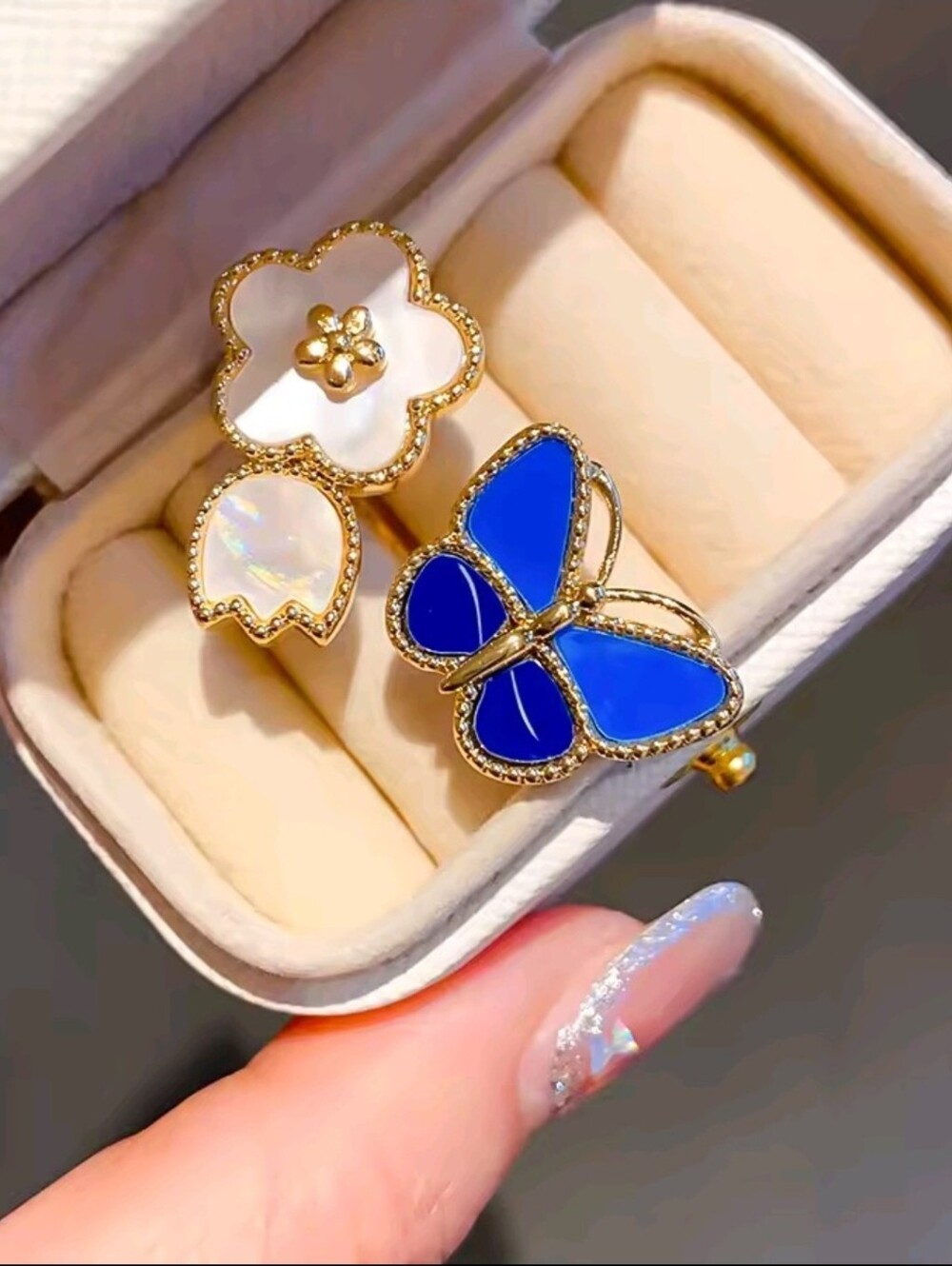 Gold Floral and Blue Butterfly Enamel Stud Earrings - Picture 4 of 7